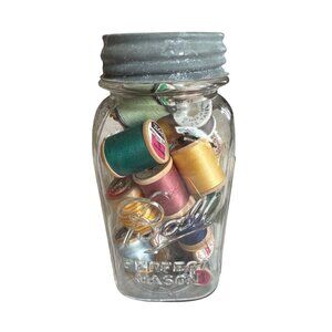 Vintage Ball Perfect Mason Jar With Zinc Metal  Lid and Colorful Thread Spools